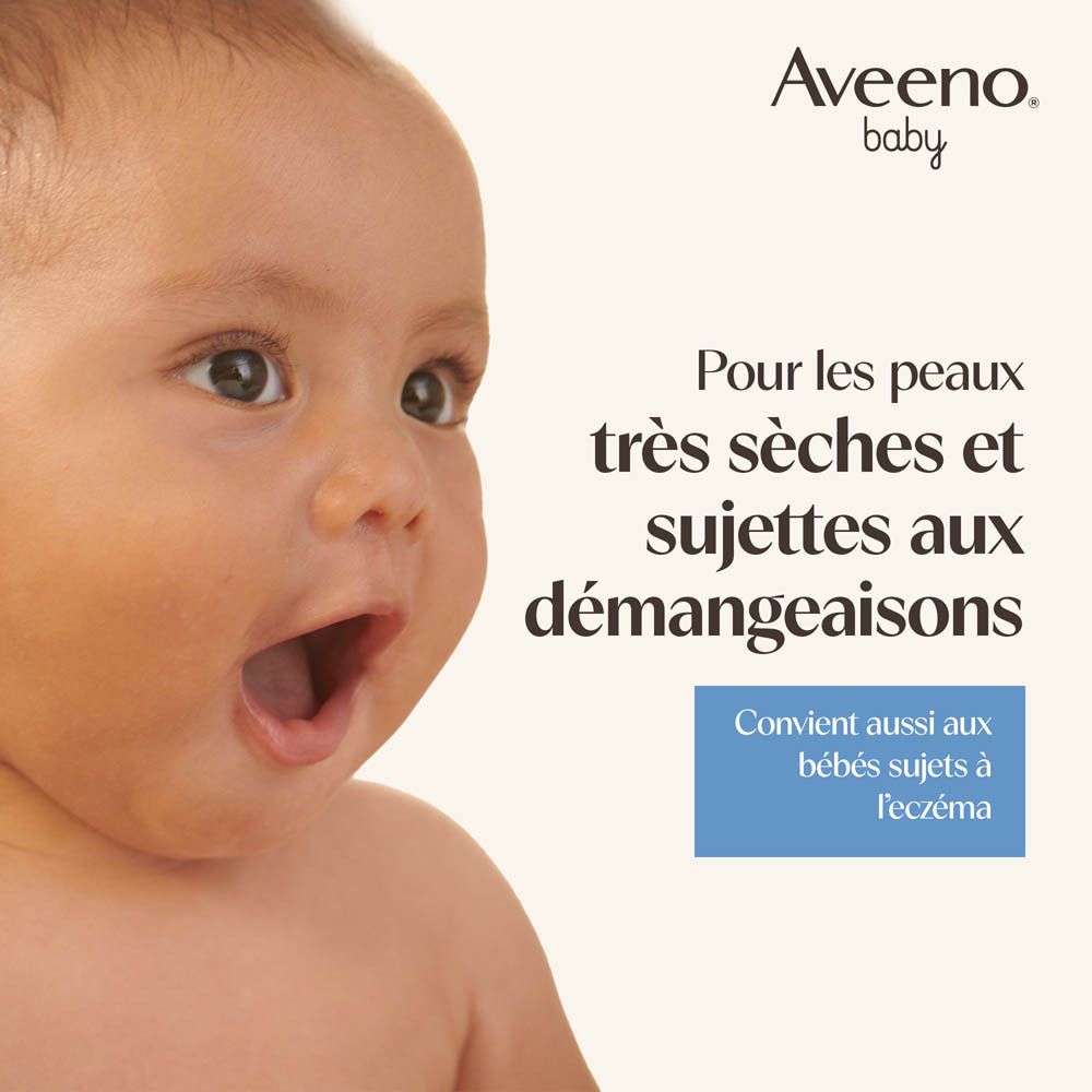 Visage de bébé. Texte : Pour les peaux très sèches et sujettes aux démangeaisons.