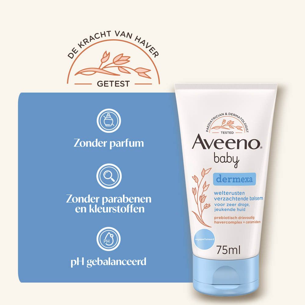 Tube Aveeno Baby Dermexa. Tekst: Zonder parfum, zonder parabenen en kleurstoffen, pH gebalanceerd. 75ml.