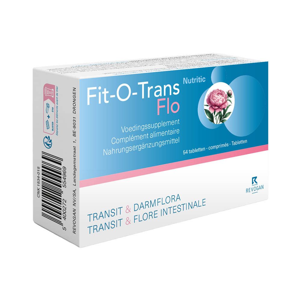 Productverpakking op bloemenachtergrond. Tekst: Fit-O-Trans Flo. Bevordert de vertering, helpt bij winderigheid.