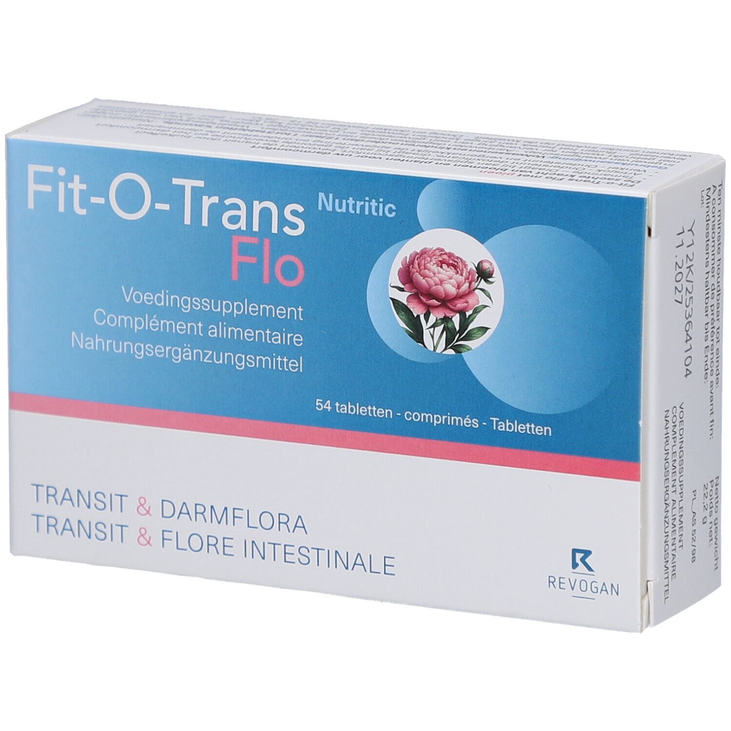Boîte Fit-O-Trans Flo, complément alimentaire. Image d'une fleur. Inscription: 54 comprimés. Texte en plusieurs langues.