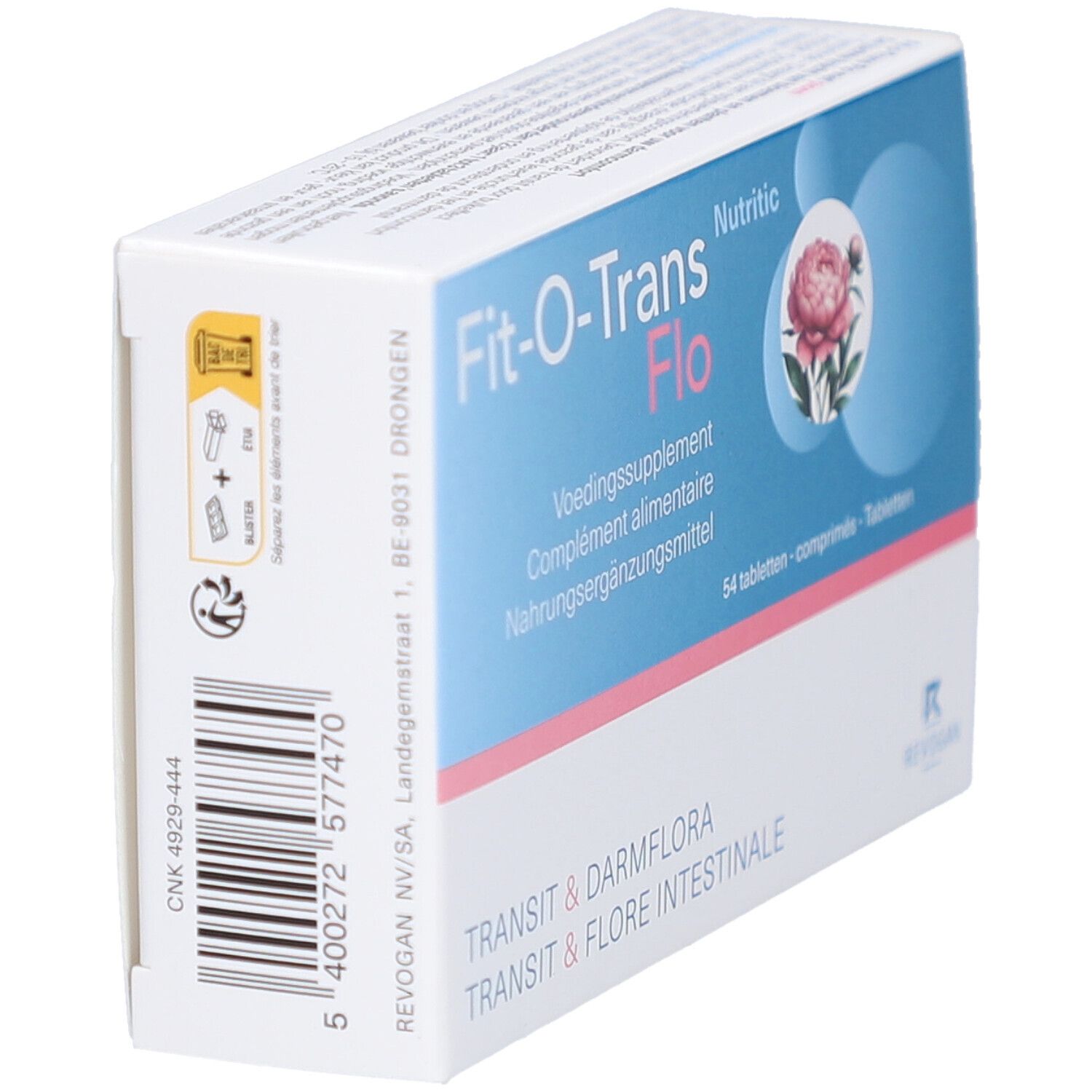Vue latérale de l'emballage Fit-O-Trans Flo. Inscription: complément alimentaire. Code-barres et autres informations.