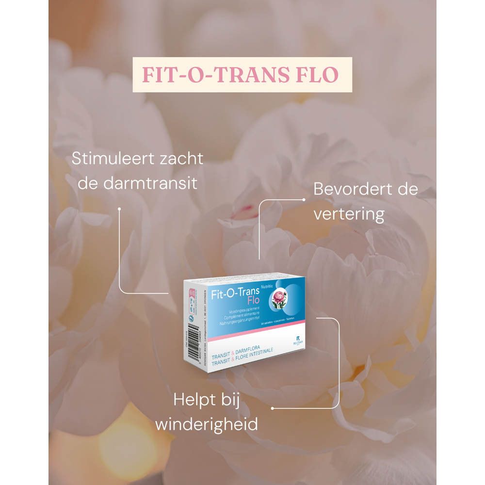 Productverpakking op groene achtergrond. Tekst: Fit-O-Trans Flo. Voedingssupplement op basis van planten.