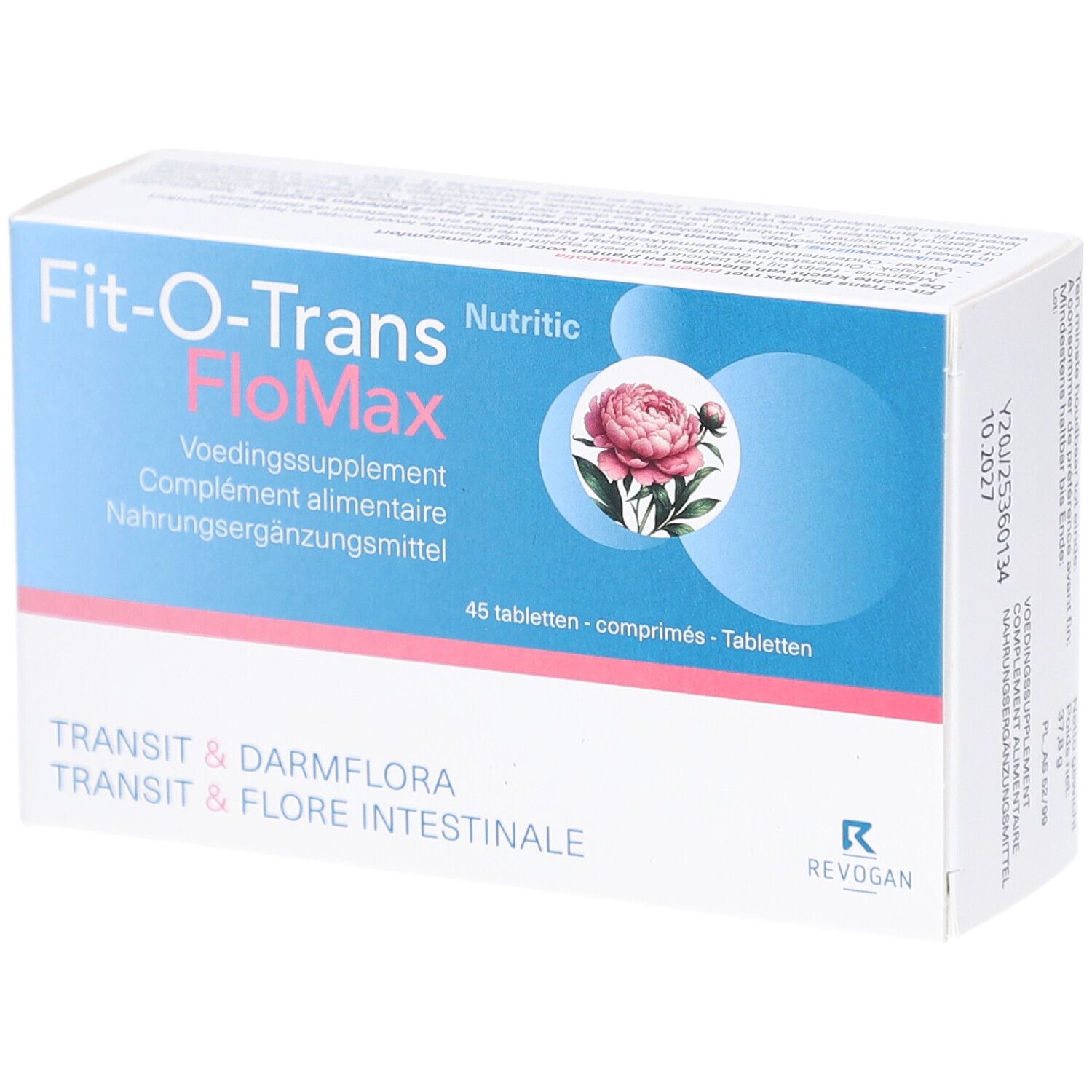 Doos van Fit-O-Trans FloMax. Blauw-witte verpakking met productnaam en bloemmotief. 45 tabletten.