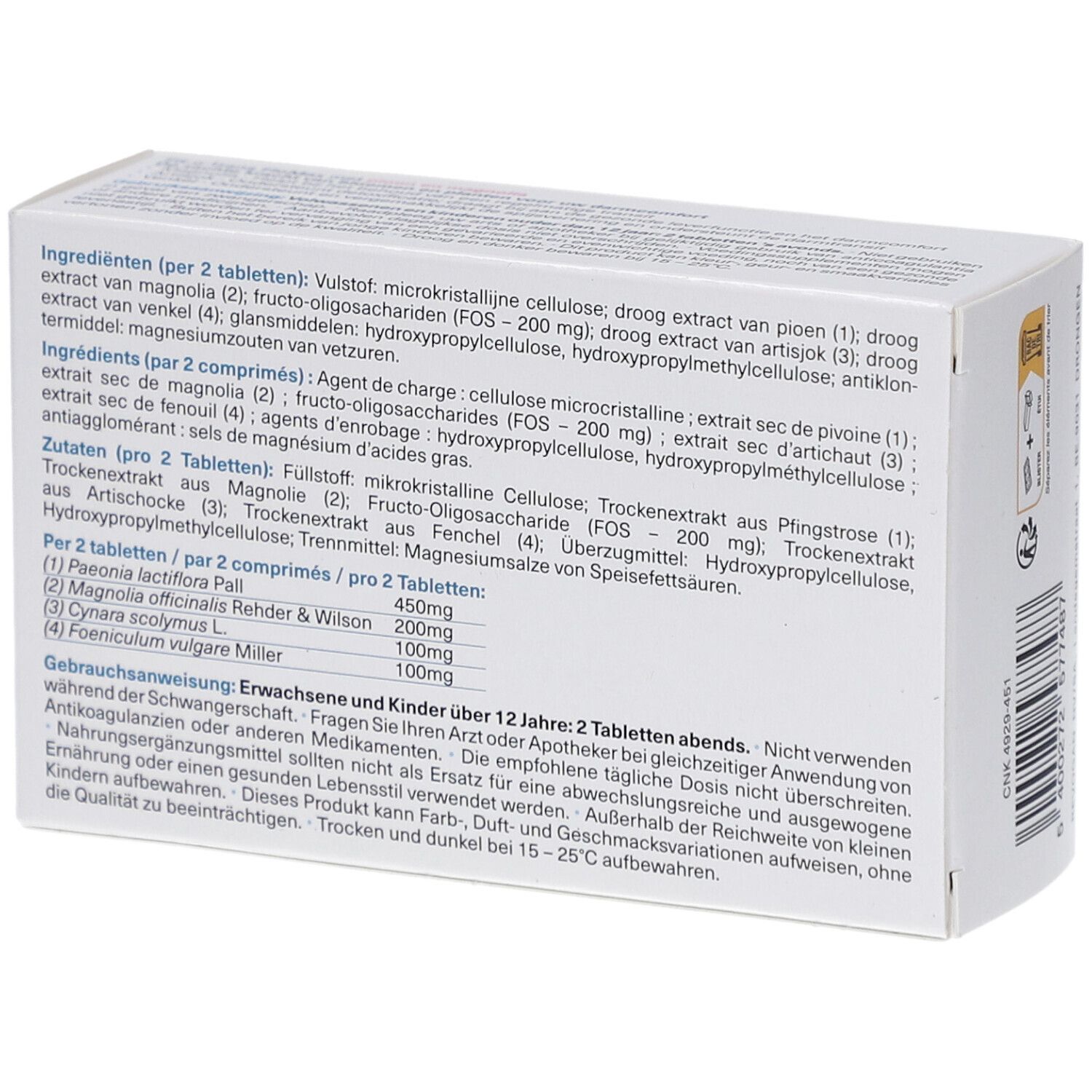 Achterkant van de Fit-O-Trans FloMax-verpakking. Lijst van ingrediënten en voedingsinformatie. Meertalige tekst.