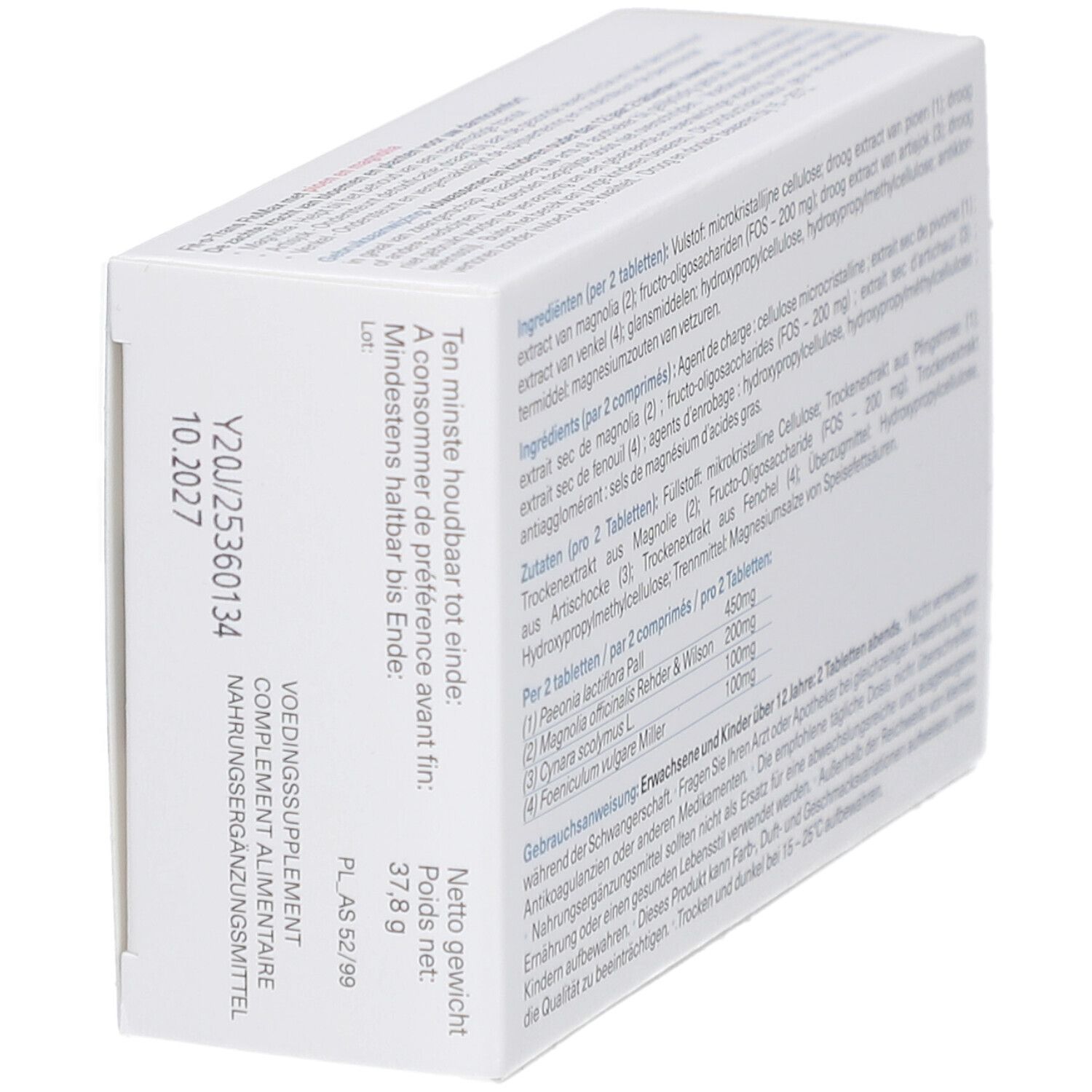 Schuine weergave van de Fit-O-Trans FloMax-verpakking. Houdbaarheidsdatum en nettogewicht zichtbaar. Witte verpakking.