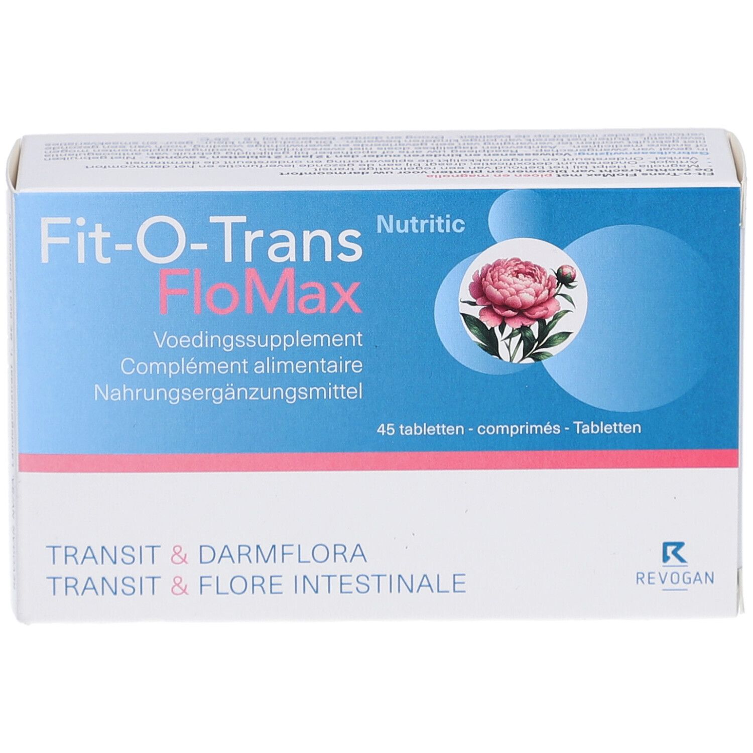 Vooraanzicht van de Fit-O-Trans FloMax-verpakking. Productnaam, logo en bloemmotief. Blauw-witte verpakking.
