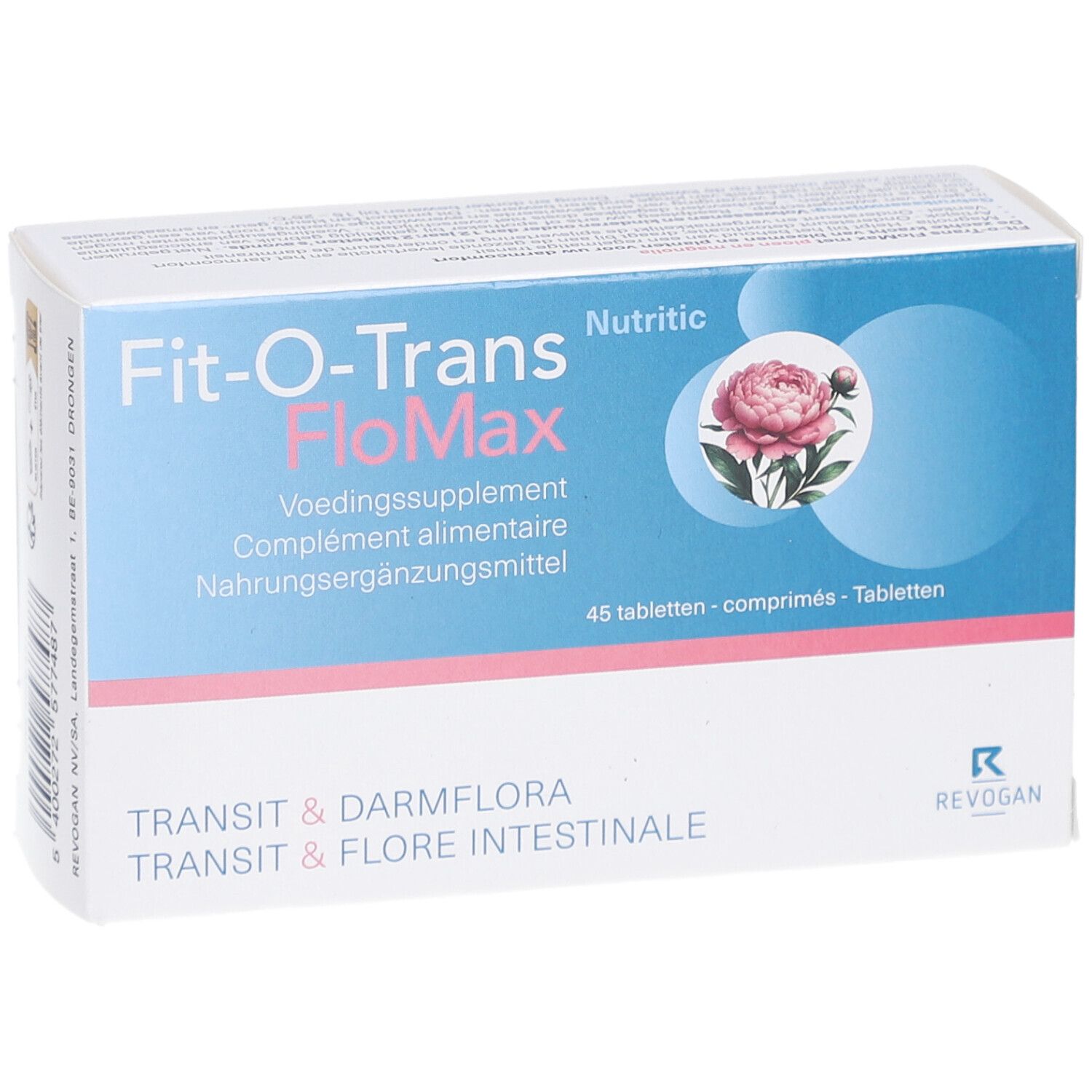Vooraanzicht van de Fit-O-Trans FloMax-verpakking. Productnaam, logo en bloemmotief. Blauw-witte verpakking.
