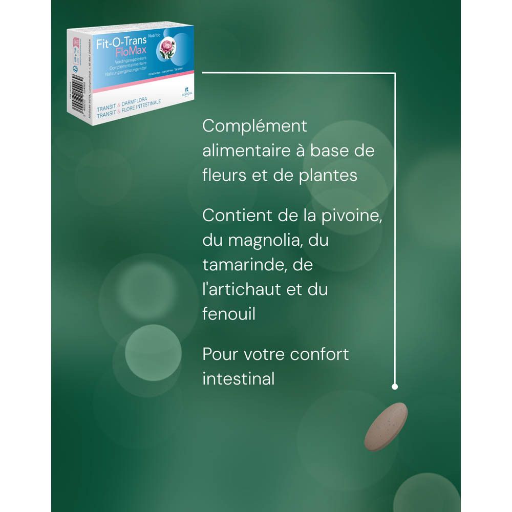 Graphique avec produit et texte. Décrit un complément alimentaire à base de plantes.