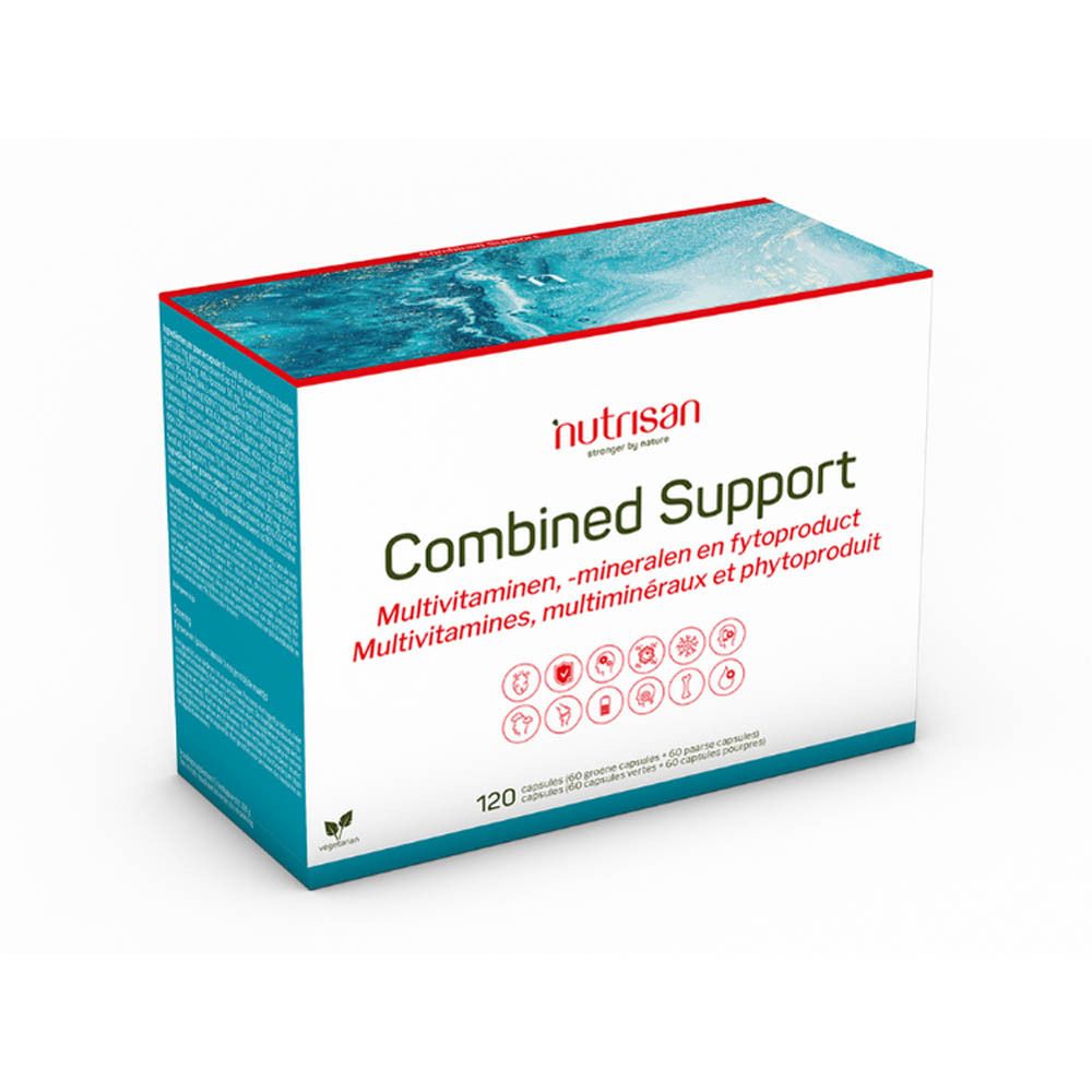 Emballage "Combined Support" de Nutrisan. Contient 120 gélules. Inscription : Multivitamines, minéraux et phytoproduit.