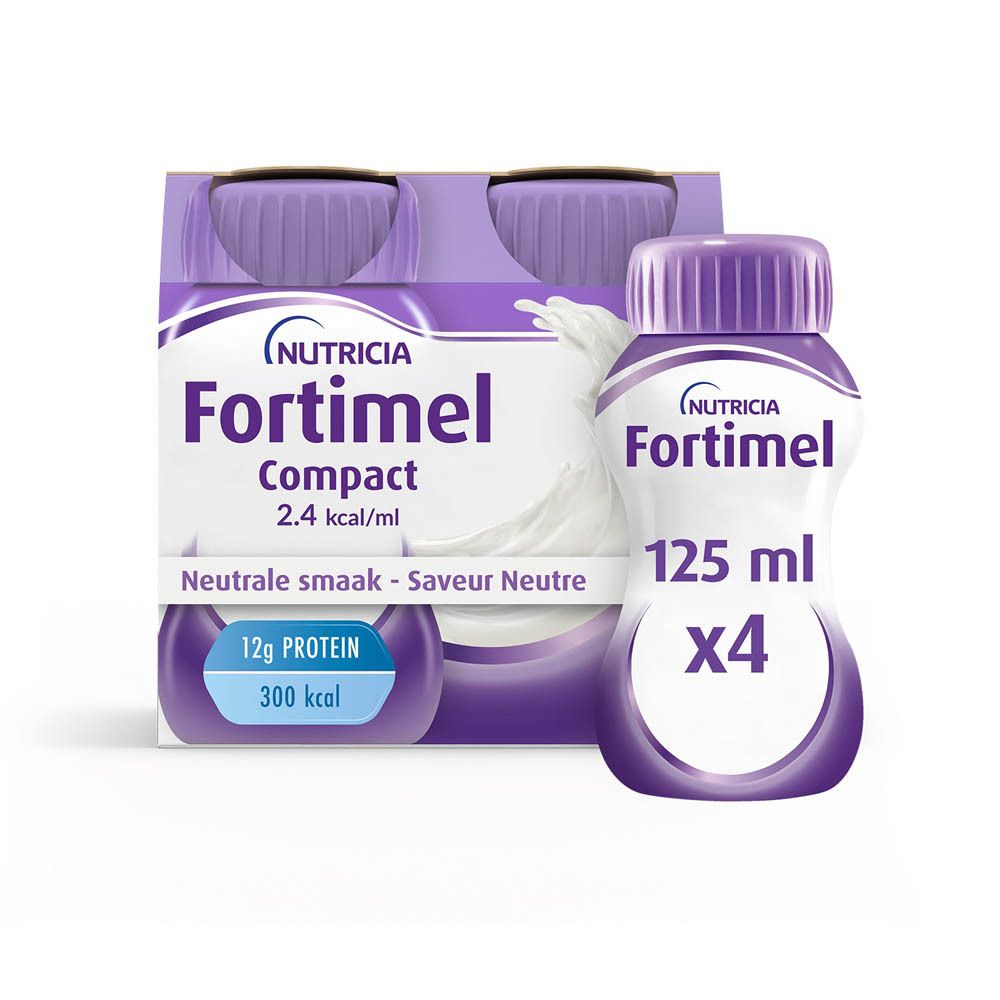 Nutricia Fortimel Compact, 4 flessen. Paarse doppen, wit etiket, melk grafiek. 125 ml x 4.