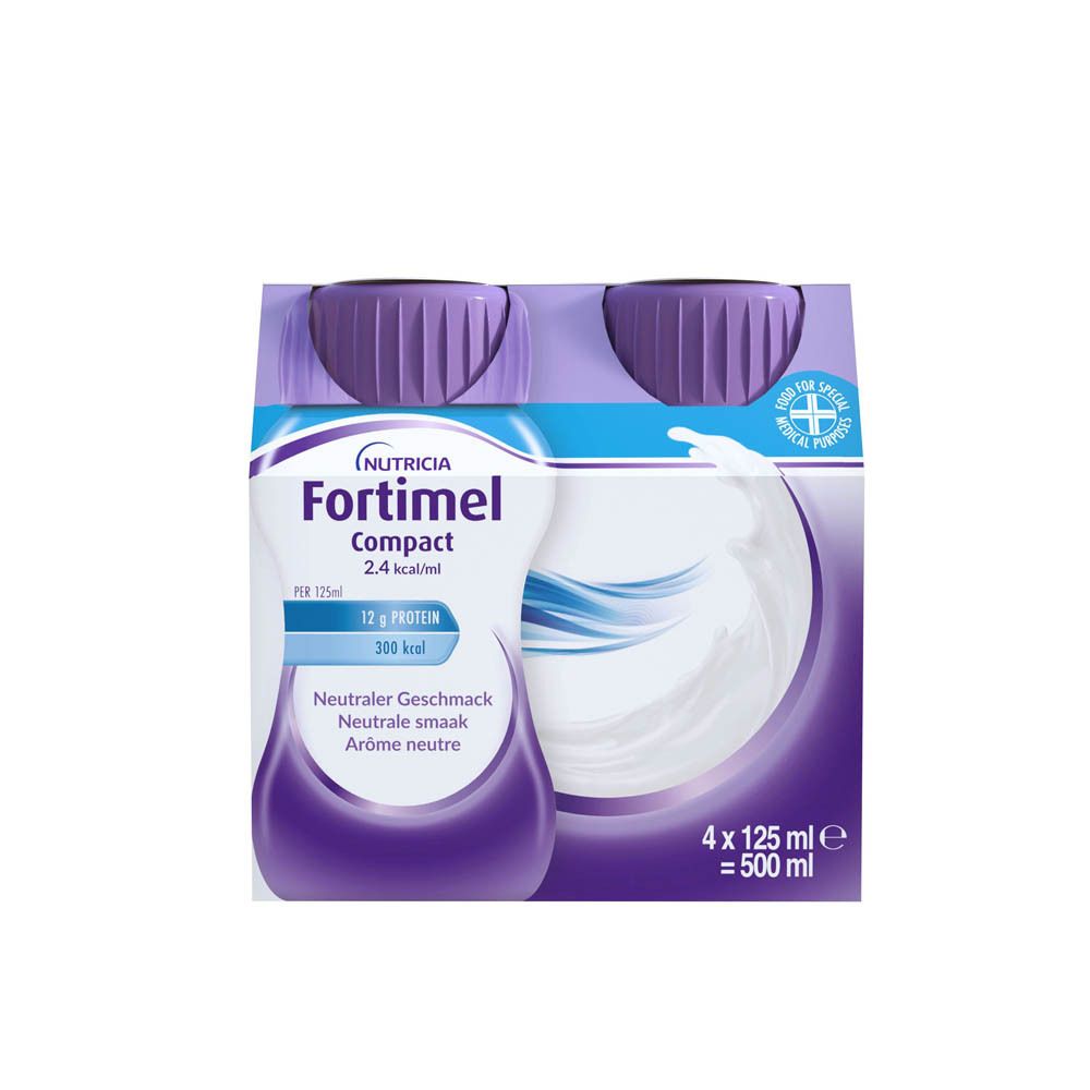 Emballage de quatre bouteilles Nutricia Fortimel Compact. Bouchons violets, étiquette blanche, graphique lait. 4x125ml.