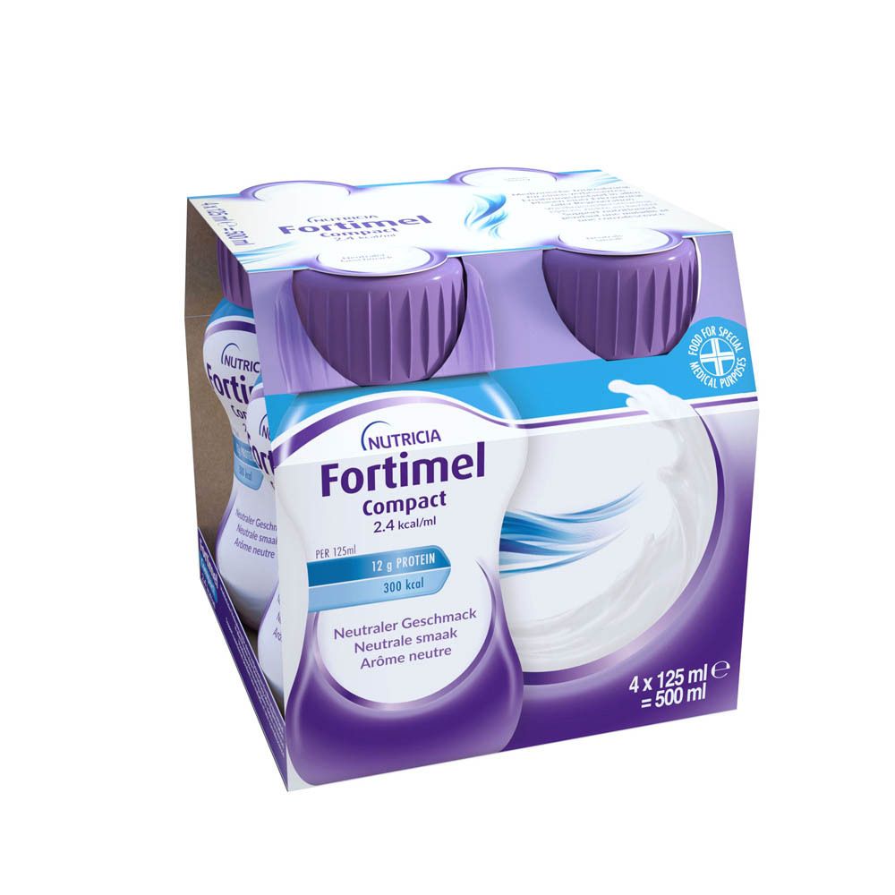 Emballage de quatre bouteilles Nutricia Fortimel Compact. Bouchons violets, étiquette blanche, graphique lait. 4x125ml.
