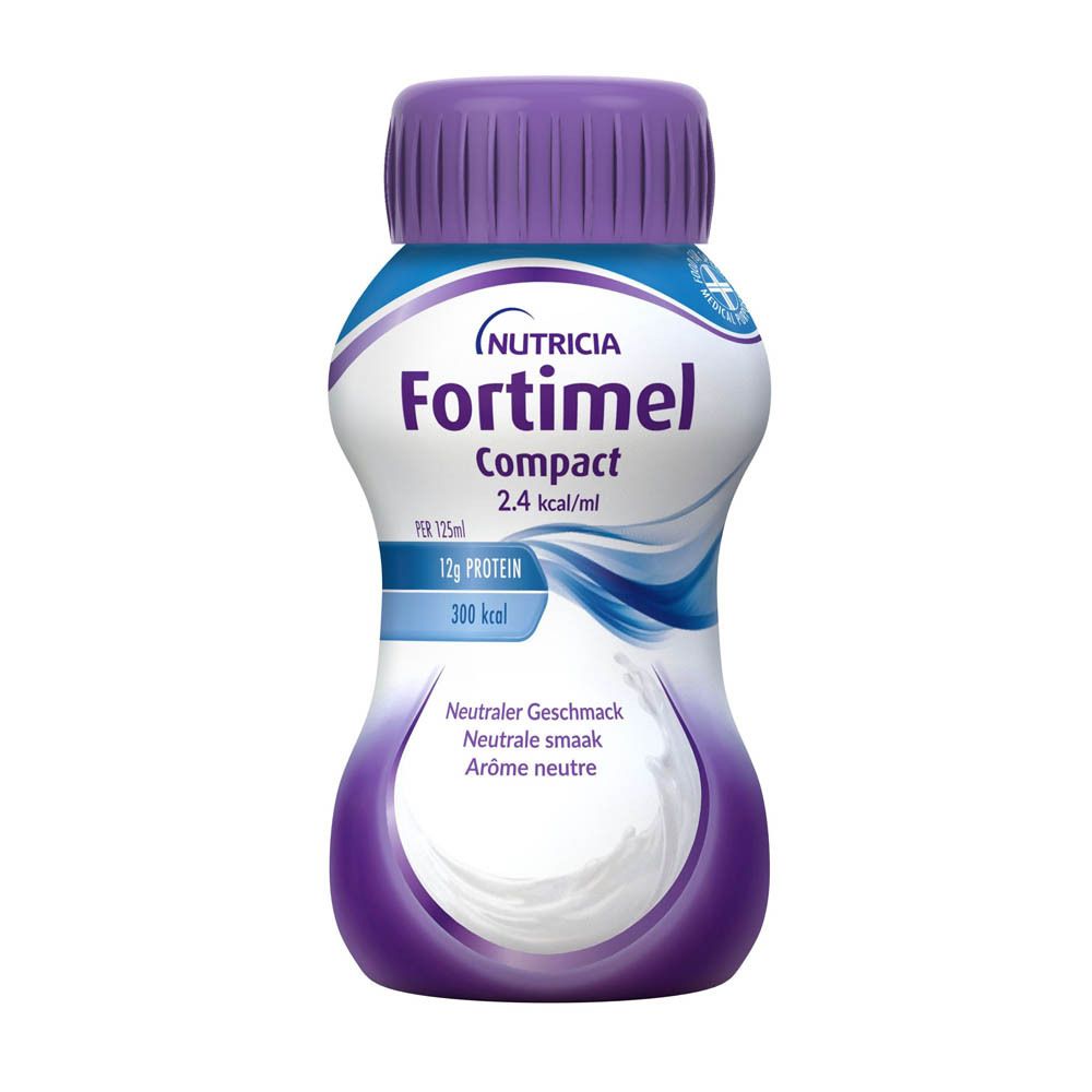 Bouteille unique Nutricia Fortimel Compact. Bouchon violet, étiquette blanche, graphique lait. 125ml.