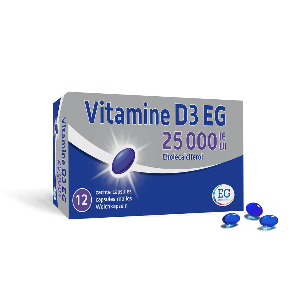 Boîte bleue et blanche 'Vitamine D3 EG 25000 UI'. 12 capsules. Quelques gélules à côté.