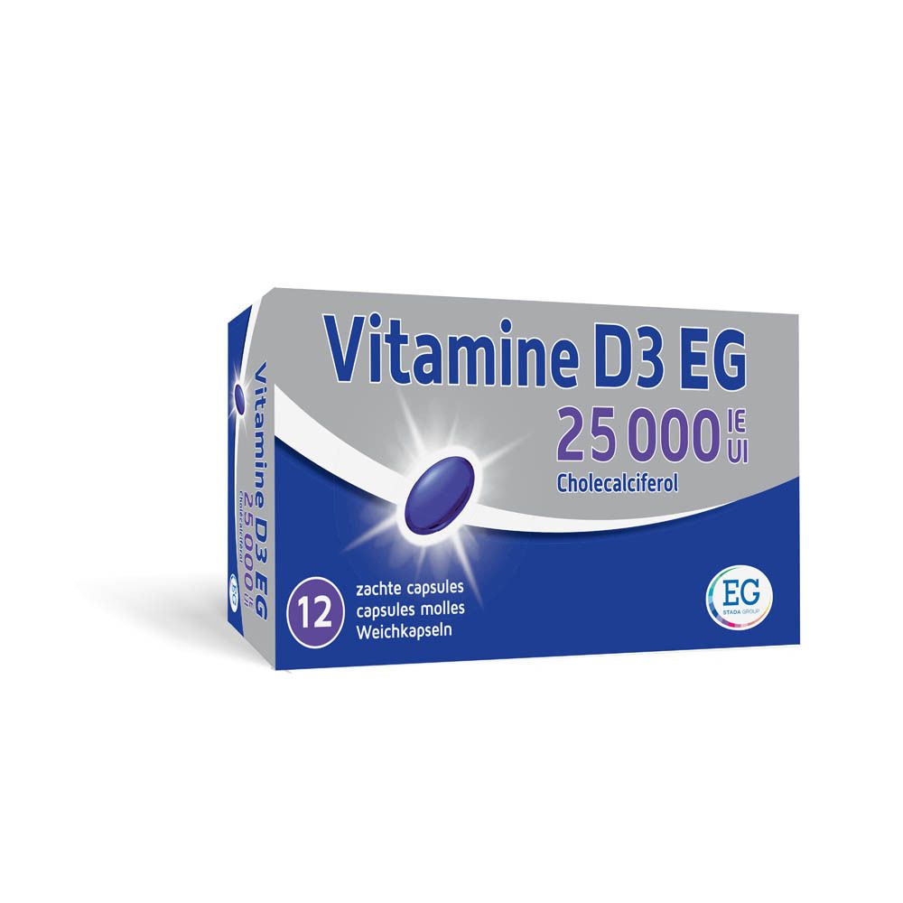 Boîte bleue et blanche 'Vitamine D3 EG 25000 UI'. 12 capsules. Logo EG.