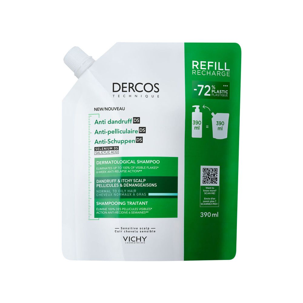 Shampoo navulling. Wit en groen. Tekst: Dercos, Anti-roos, 390ml.