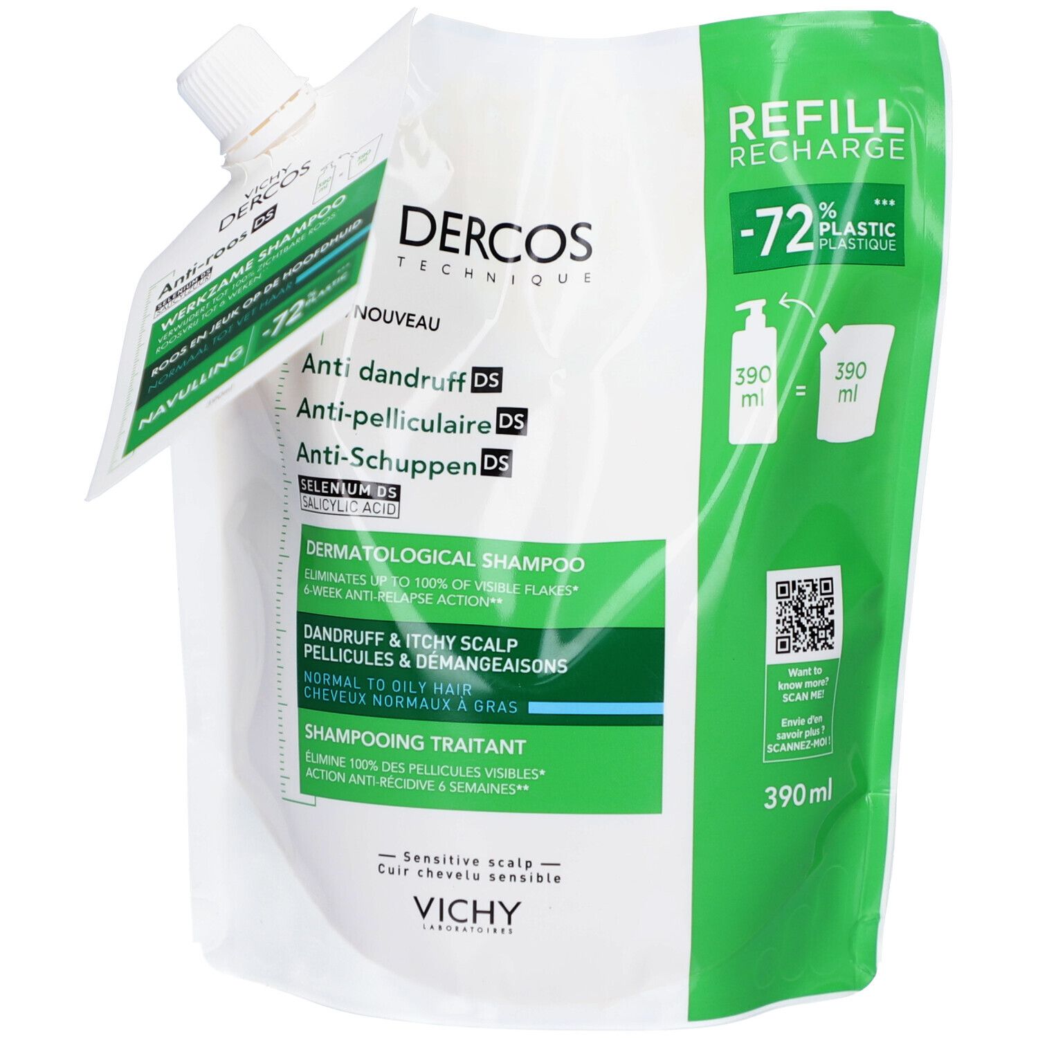 Recharge de shampooing. Blanc et vert. Texte: Dercos, Anti-pelliculaire, 390ml. Avec bouchon verseur.