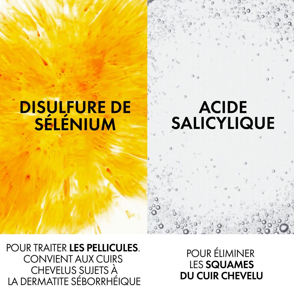 Deux zones de texte. À gauche: Disulfure de Sélénium. À droite: Acide Salicylique. Texte en dessous.