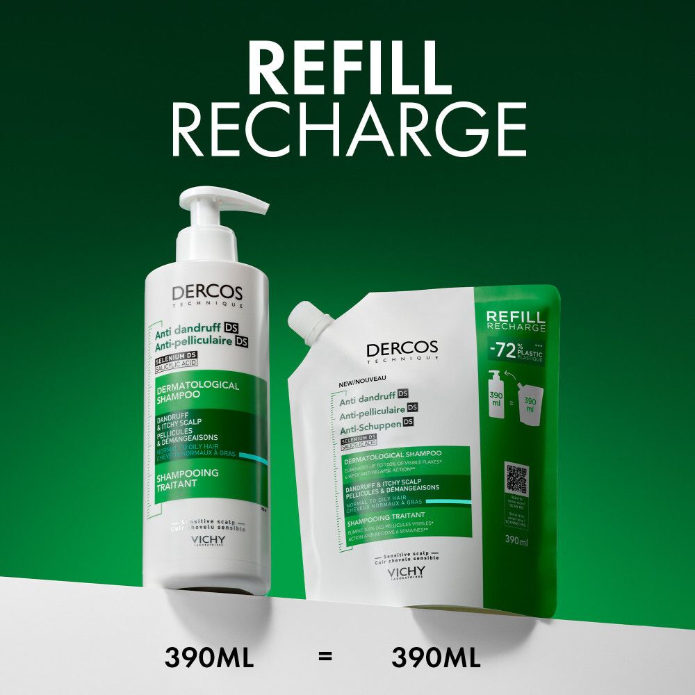Shampooing et recharge côte à côte. Texte: Refill Recharge. 390ml = 390ml.