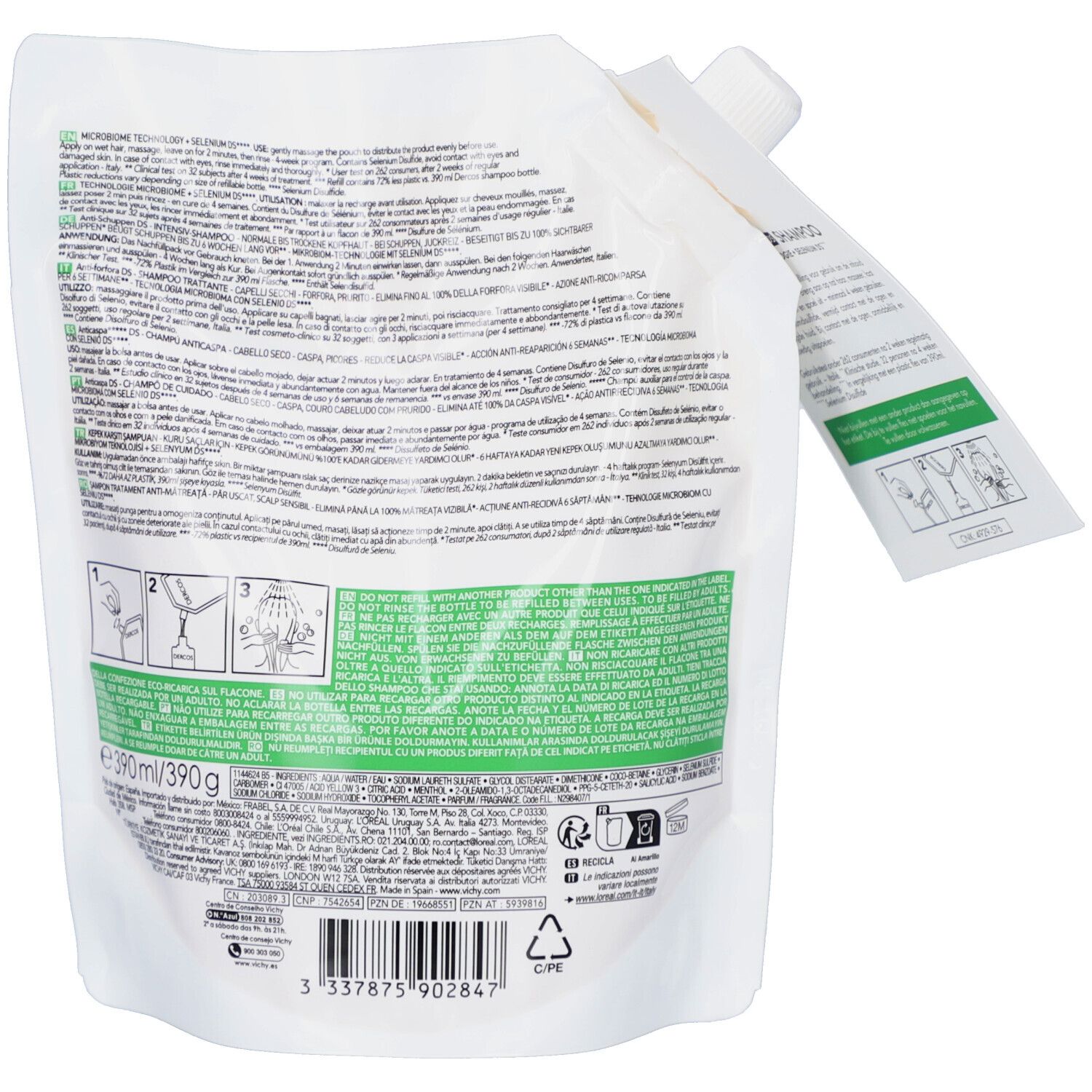 Achterkant van de shampoo navulling. Bevat tekst en instructies. Wit met groen etiket.