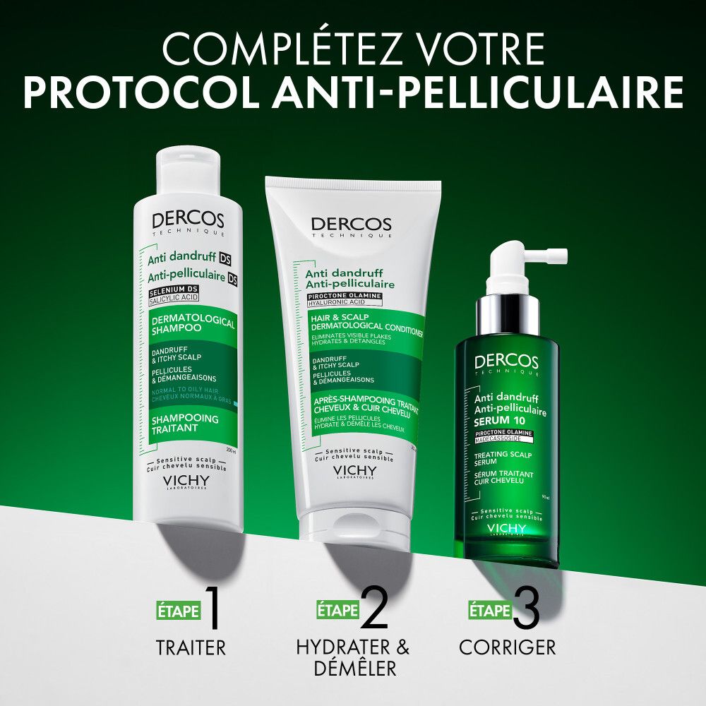 Trois produits: shampooing, après-shampooing et sérum. Emballage vert et blanc. Texte: Anti-pelliculaire.