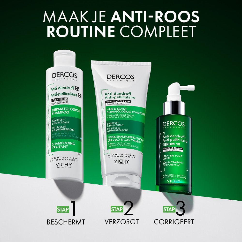 Drie producten: shampoo, conditioner en serum. Groene en witte verpakking. Tekst: Anti-roos.