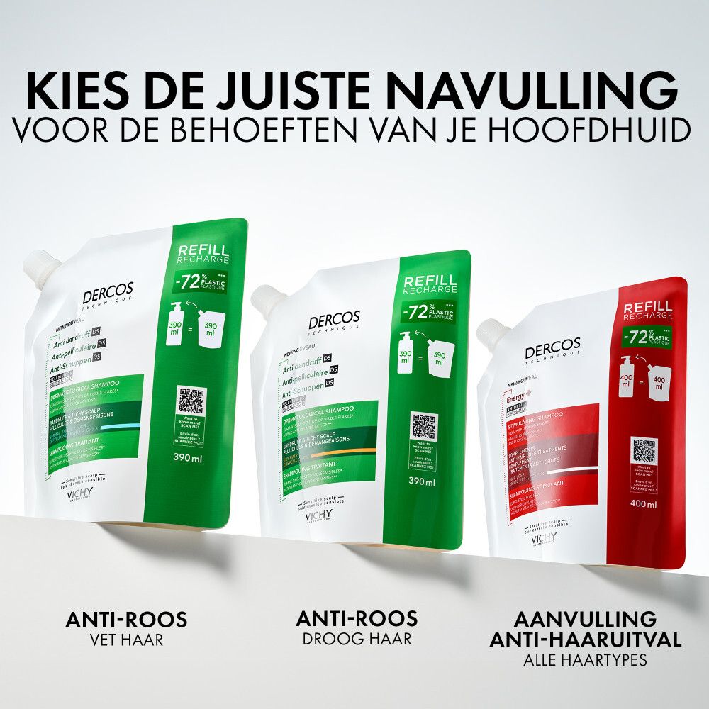 Drie shampoo navullingen. Wit en groen. Voor vet, droog haar en anti-haaruitval.