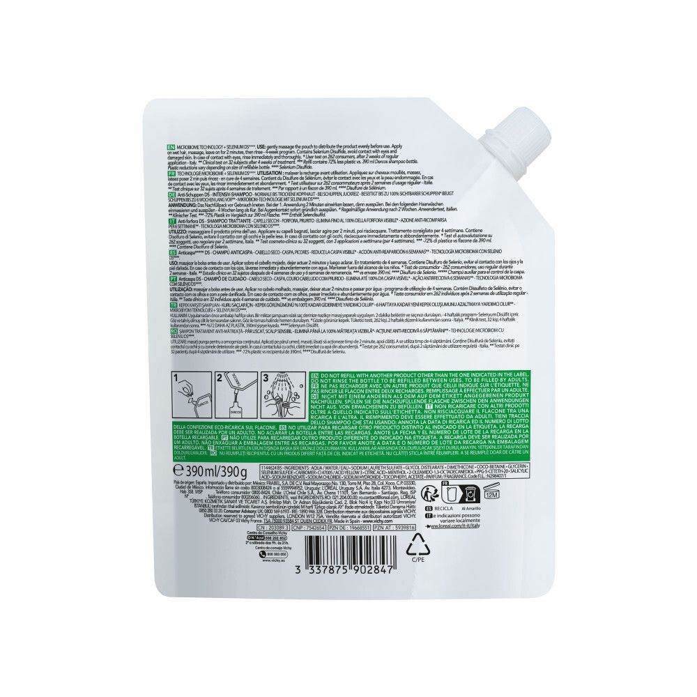 Achterkant van de shampoo navulling. Bevat tekst en instructies. Wit met groen etiket.