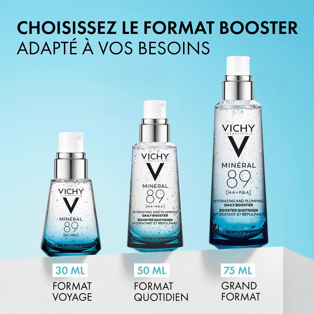 Sérum Vichy Minéral 89 et emballage. Flacon et boîte avec informations sur le produit.