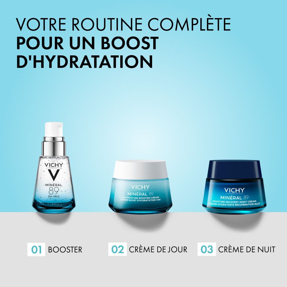 Sérum Vichy Minéral 89. Flacon en verre bleu avec pompe. Logo Vichy et nom du produit visibles.