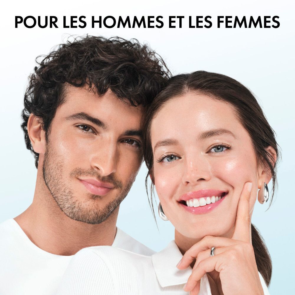 Flacon de sérum. Liquide bleu-transparent. Bouchon argenté et pompe doseuse. Vichy Mineral 89.