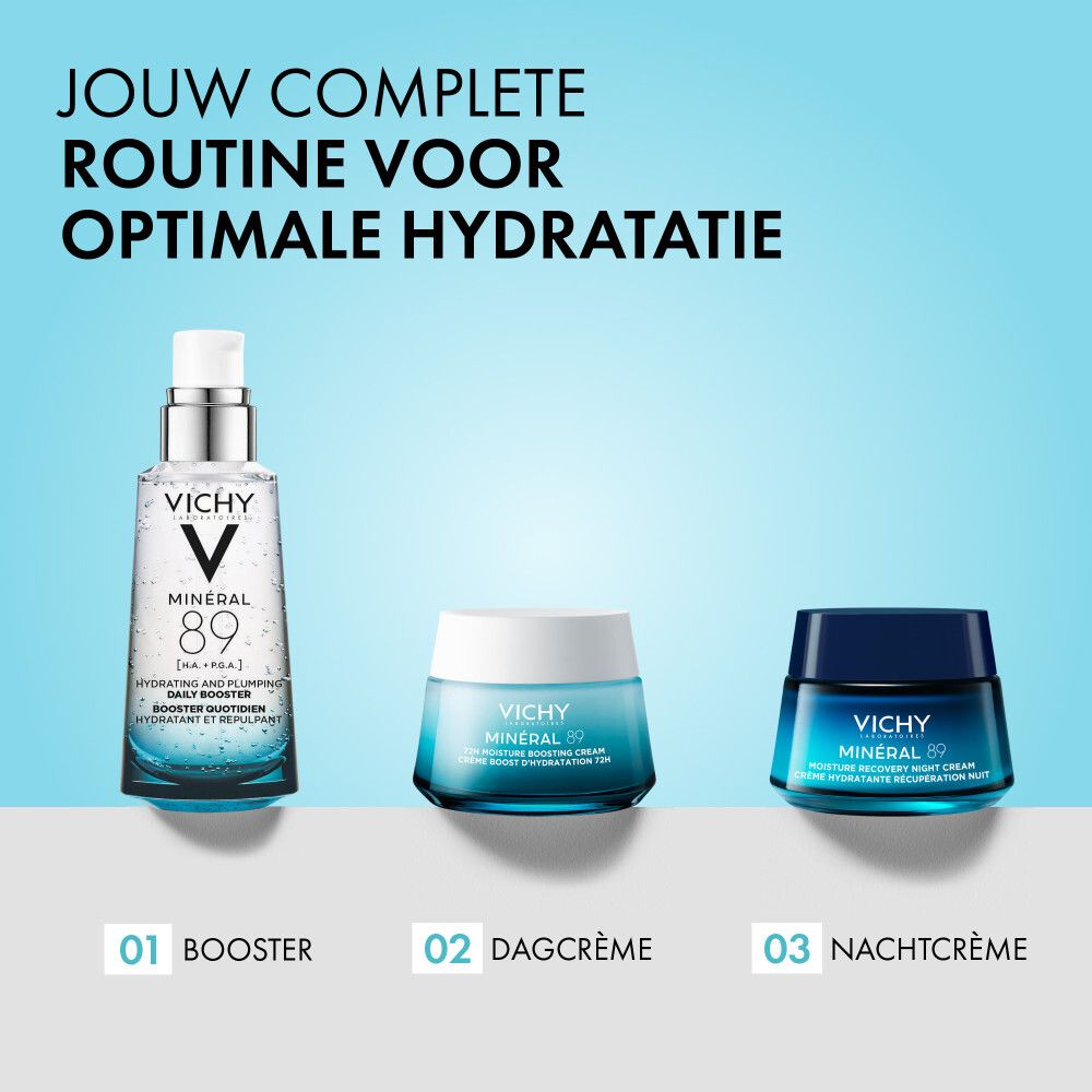 Serumfles. Blauw-transparante vloeistof. Zilveren dop en doseerpomp. Vichy Mineral 89.