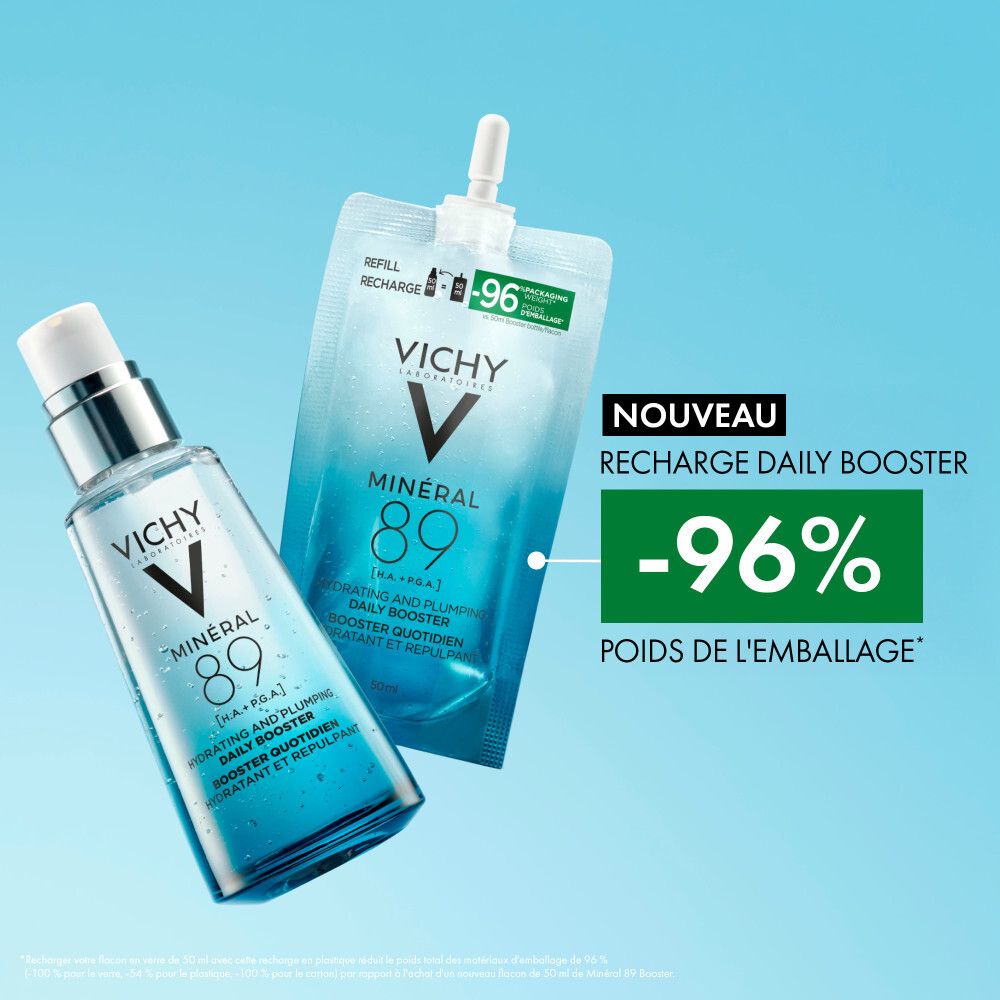 Flacon de sérum. Liquide bleu-transparent. Bouchon argenté et pompe doseuse. Vichy Mineral 89.