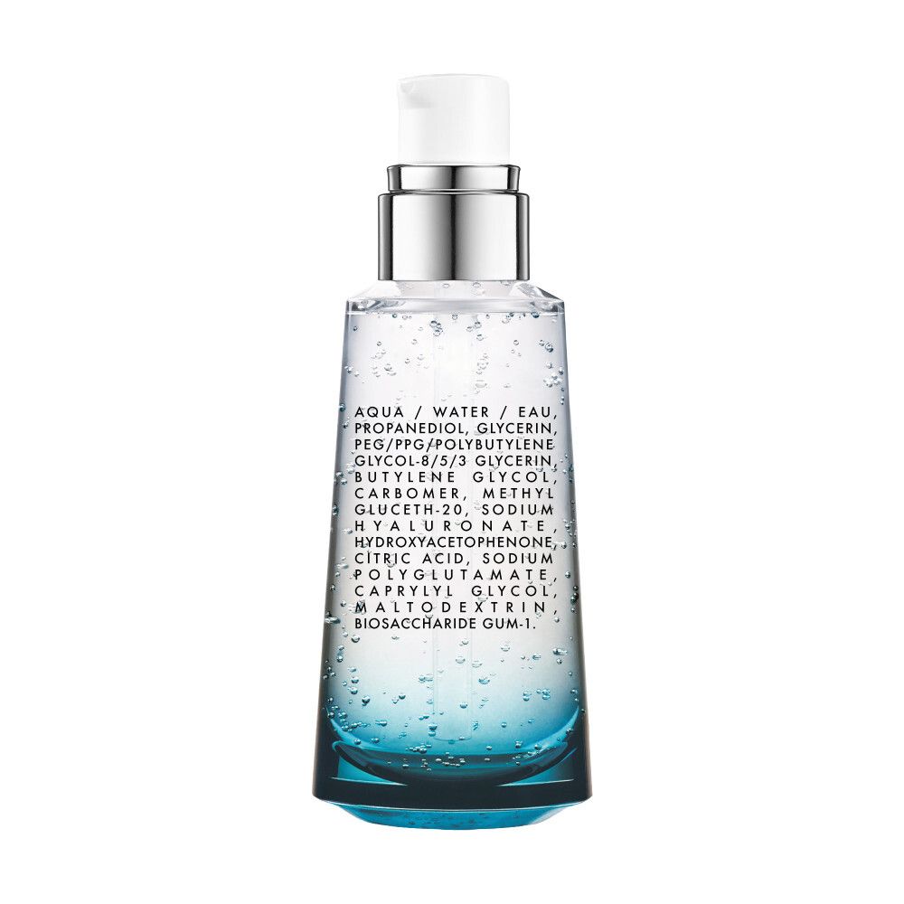 Serumfles. Blauw-transparante vloeistof. Zilveren dop en doseerpomp. Vichy Mineral 89.