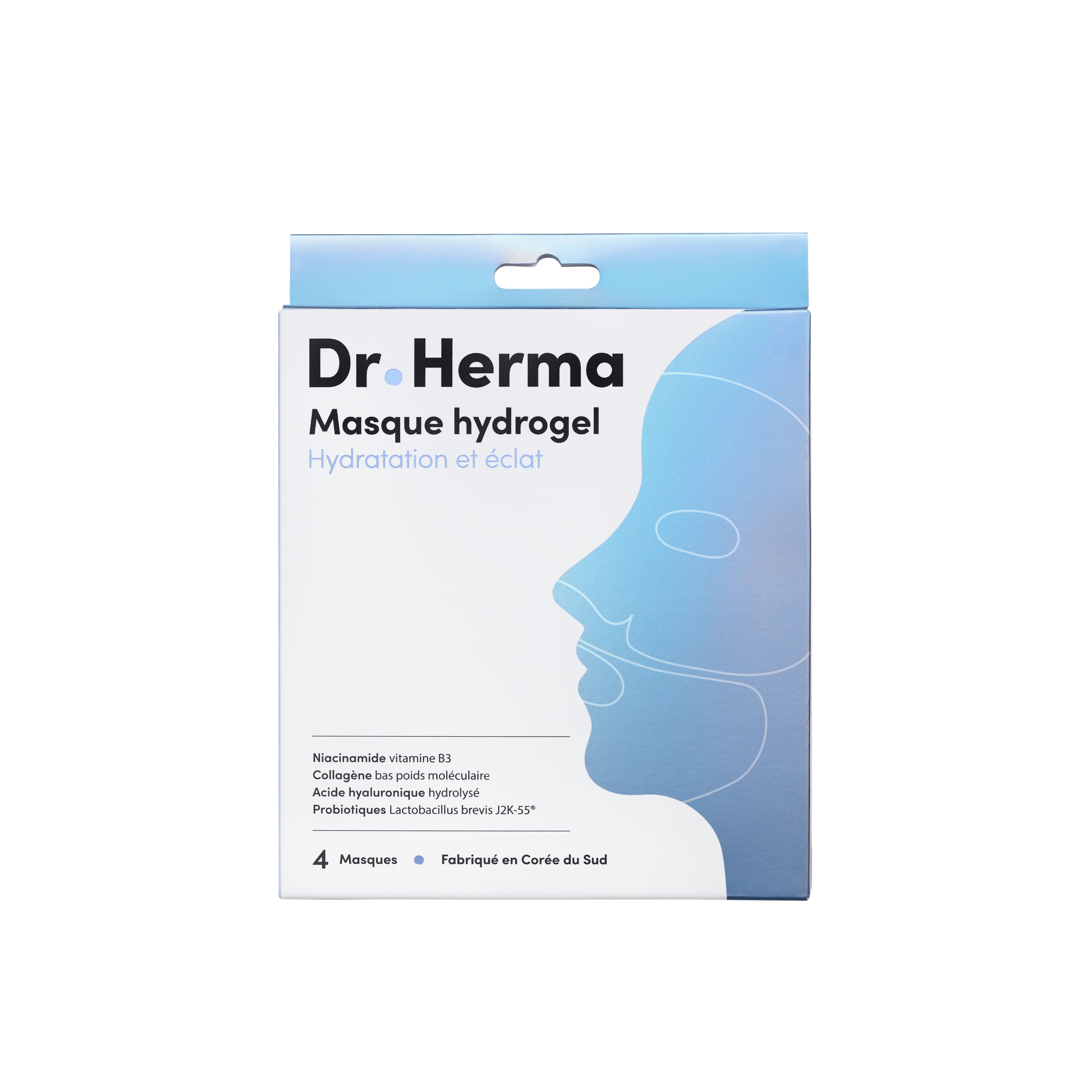 Boîte de masque hydrogel Dr. Herma. Nom du produit, illustration de visage et ingrédients sur fond bleu.