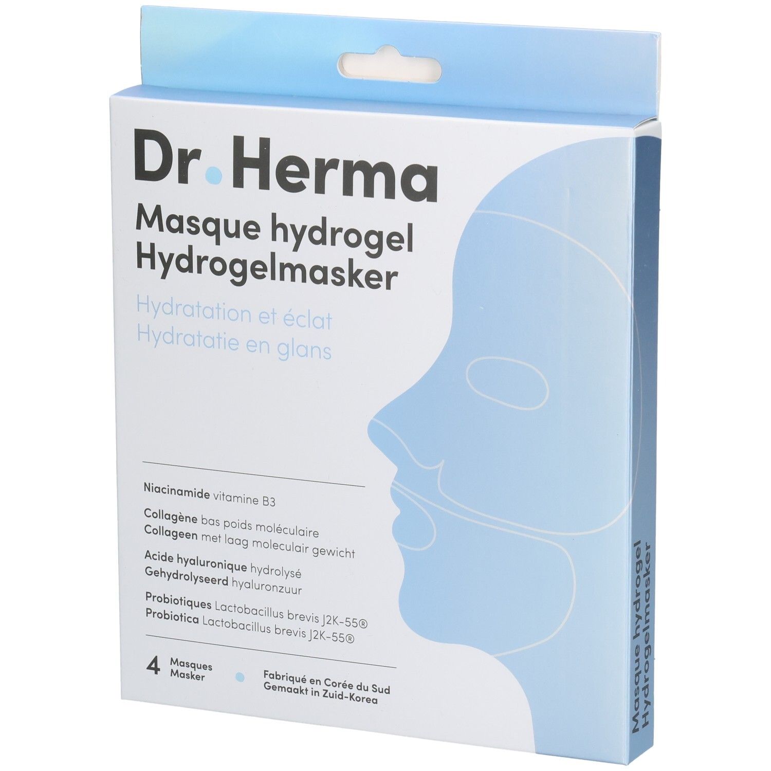 Verpakking Dr. Herma hydrogelmasker. Blauwe doos met productnaam, gezichtsillustratie en ingrediënten.