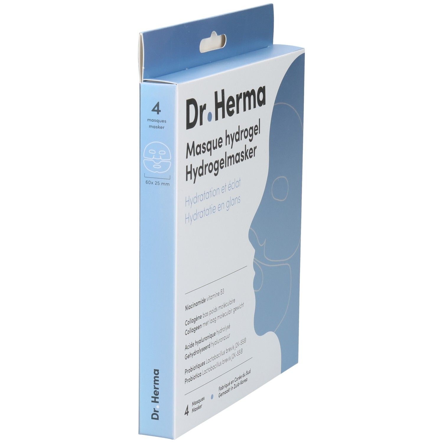 Zijaanzicht verpakking Dr. Herma hydrogelmasker. Blauwe doos met productnaam en gezichtsillustratie.