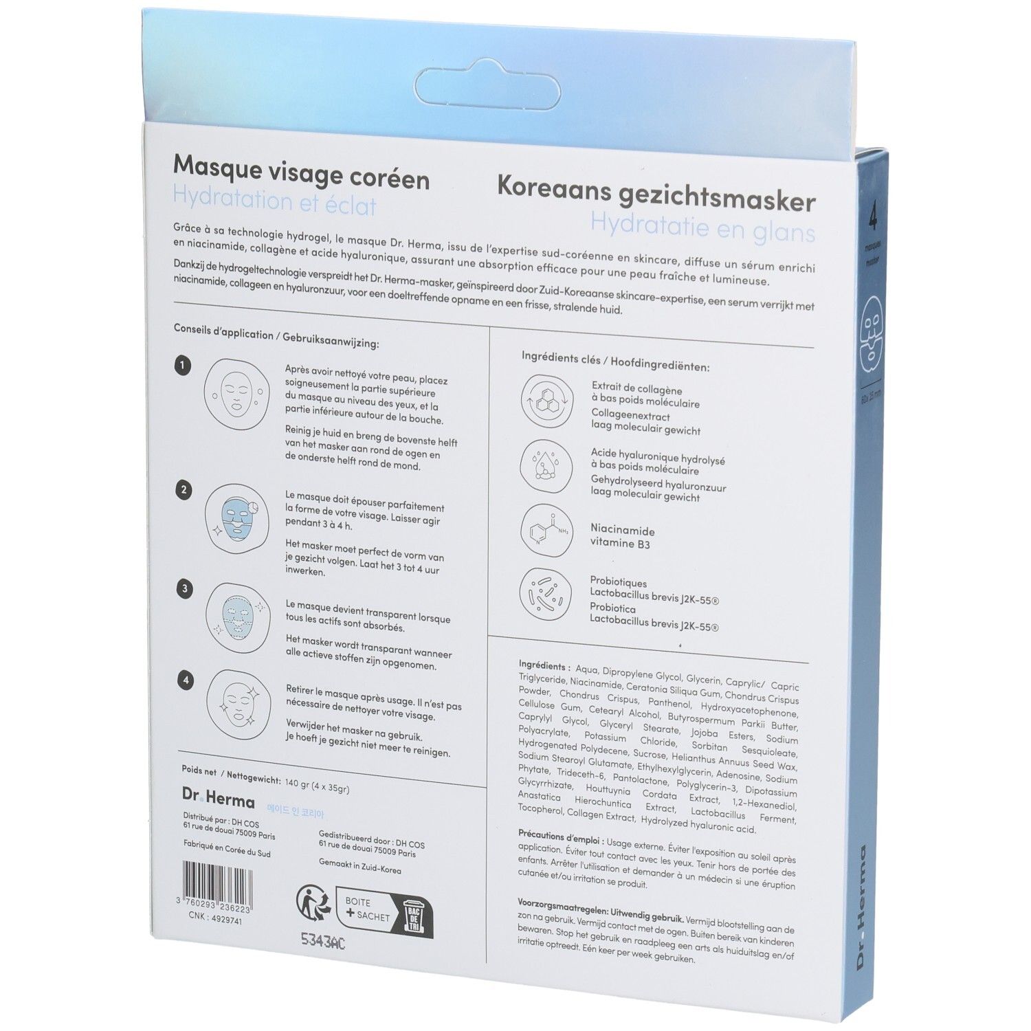 Achterkant verpakking Dr. Herma hydrogelmasker. Tekst over gebruik, ingrediënten en fabrikant.