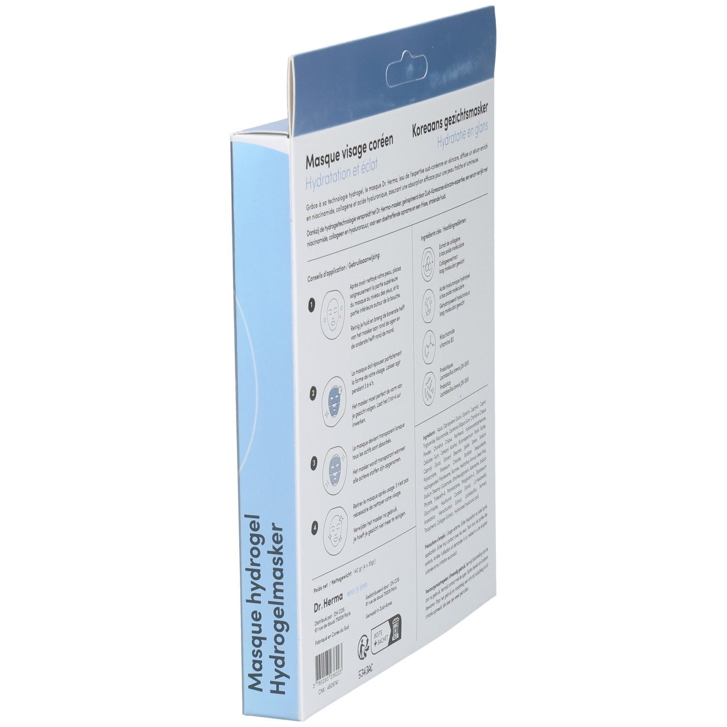 Zijkant verpakking Dr. Herma hydrogelmasker. Gebruiksaanwijzing en fabrikant informatie.