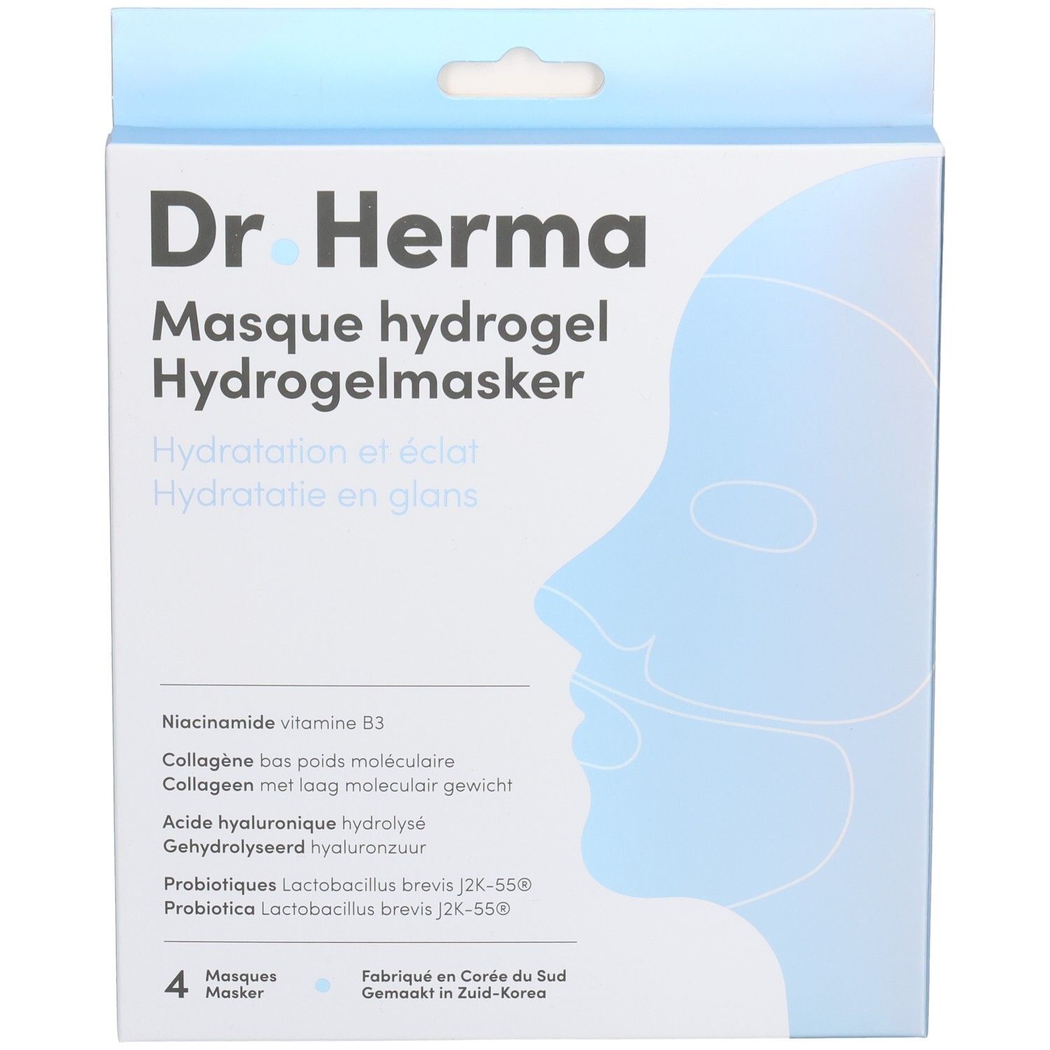 Verpakking Dr. Herma hydrogelmasker. Blauwe doos met productnaam, gezichtsillustratie en ingrediënten.