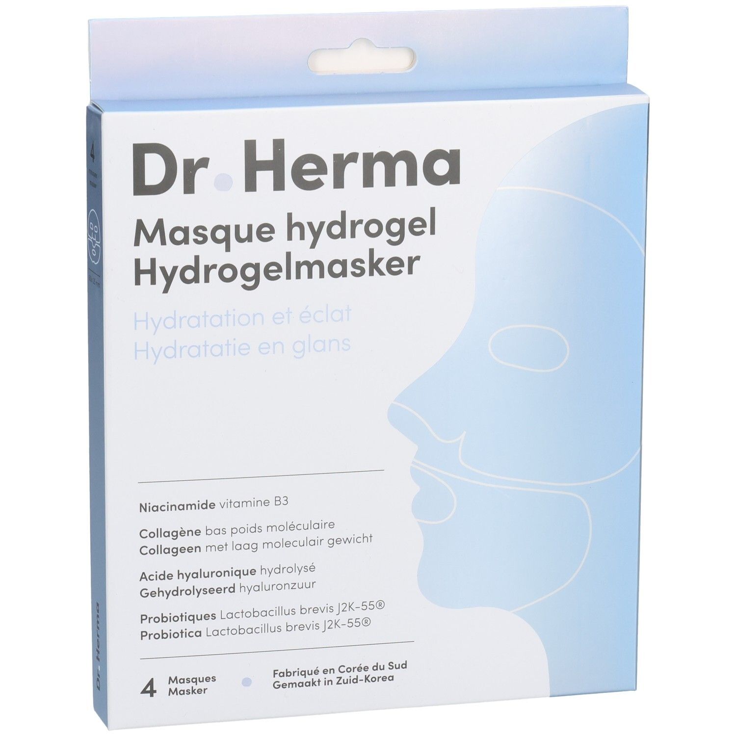 Verpakking Dr. Herma hydrogelmasker. Blauwe doos met productnaam, gezichtsillustratie en ingrediënten.