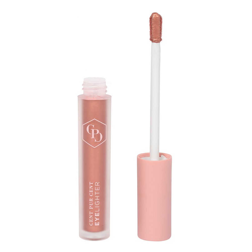 Eyelighter met applicator. Open fles met roze dop.