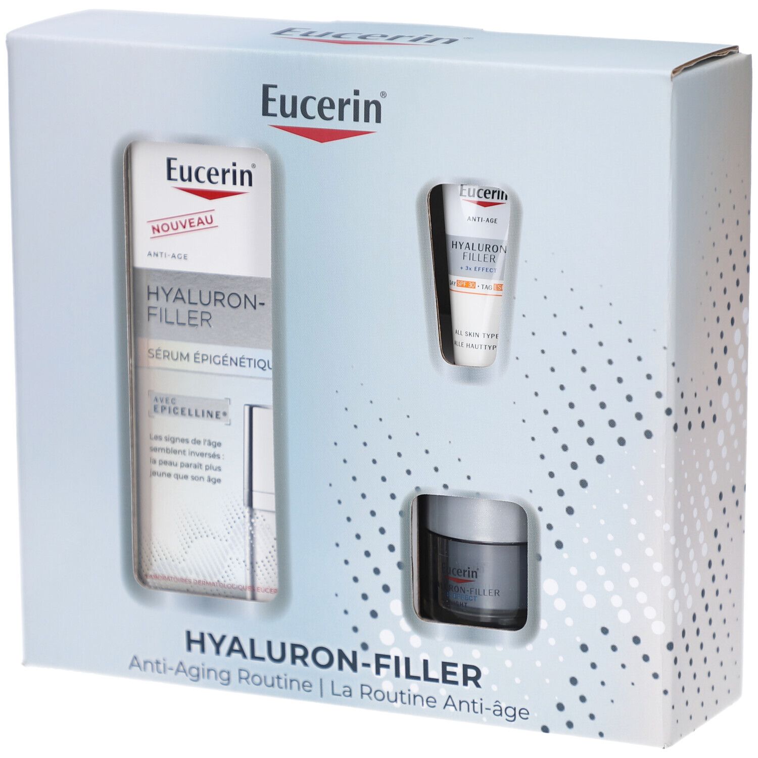 Eucerin Hyaluron-Filler cadeauverpakking met serum, crème en oogcrème. Witte doos met uitsparingen voor de producten.