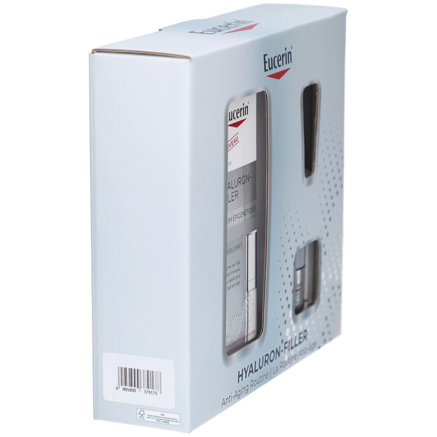 Zijaanzicht van de Eucerin Hyaluron-Filler cadeauverpakking. Witte doos met uitsparingen. Barcode en productnaam zichtbaar.