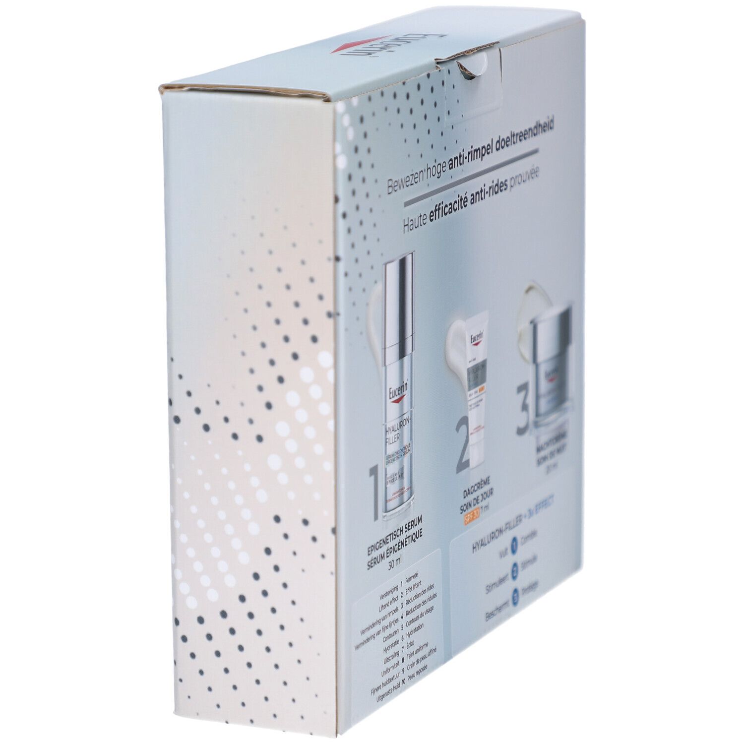 Eucerin Hyaluron-Filler cadeauverpakking, schuin achteraanzicht. Producten: serum, dagcrème, nachtcrème. Tekst: 'Bewezen hoge anti-rimpel doeltreffendheid'.