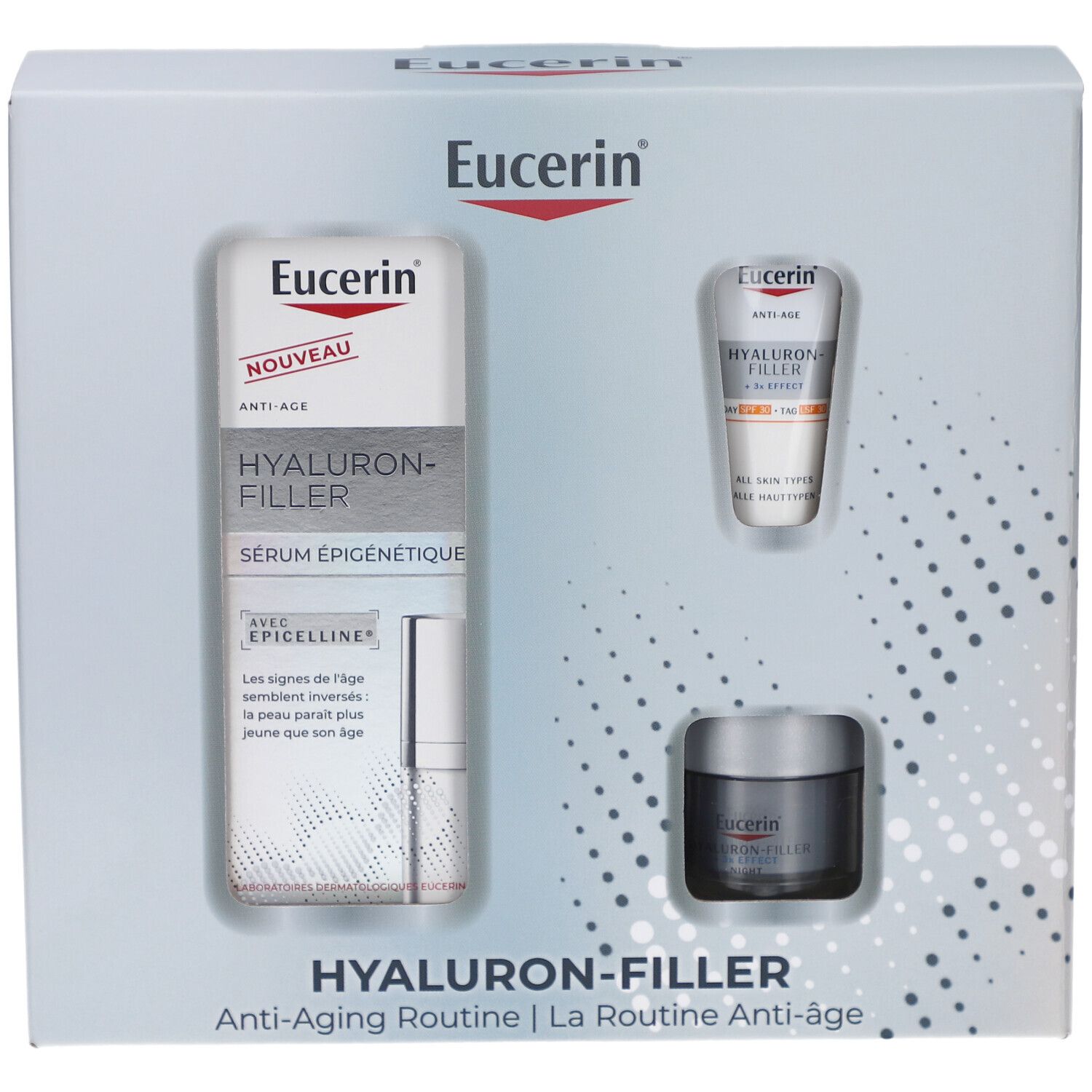 Eucerin Hyaluron-Filler cadeauverpakking. Bevat serum, oogcrème en crème. Witte doos met productweergave.