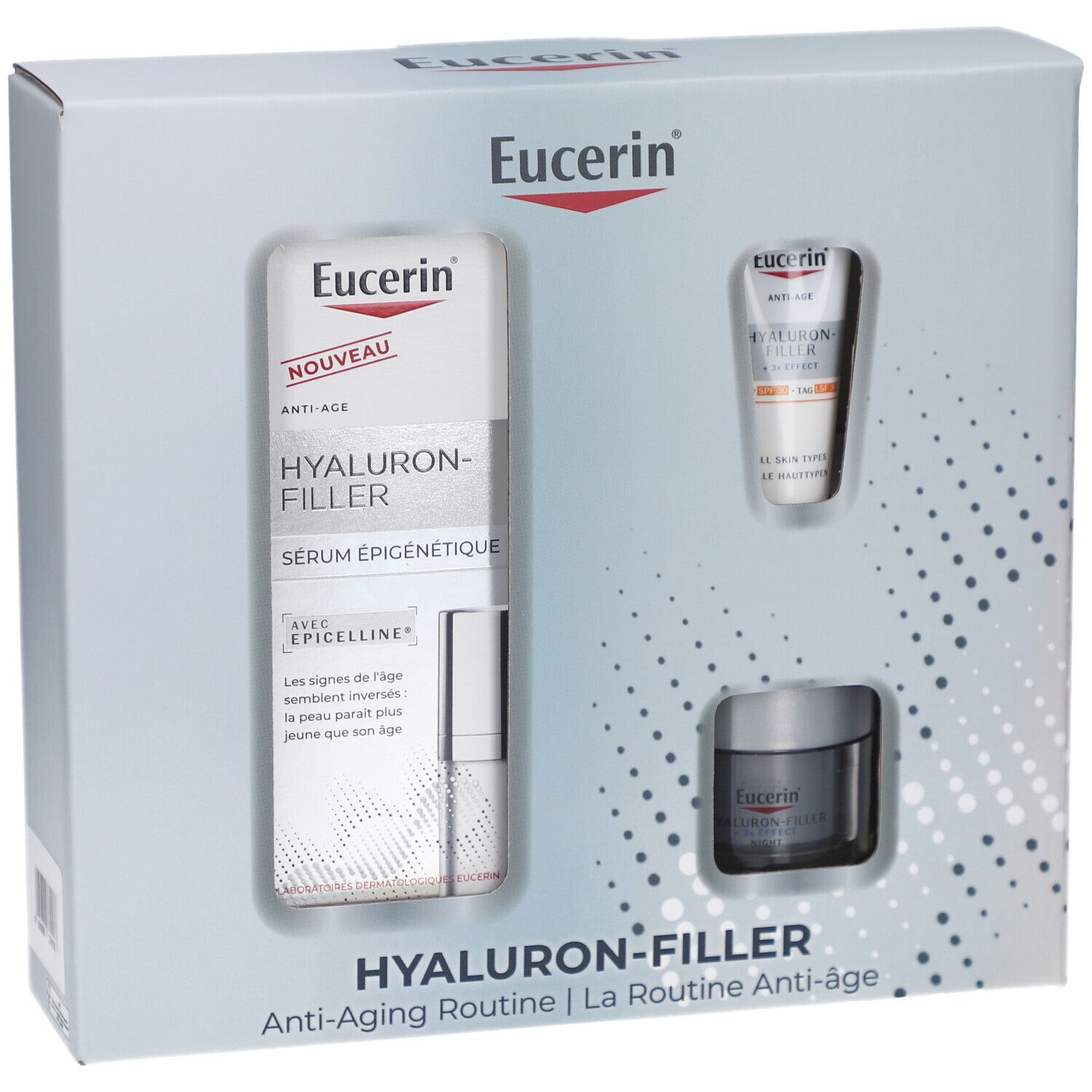 Eucerin Hyaluron-Filler cadeauverpakking. Bevat serum, oogcrème en crème. Witte doos met productweergave.