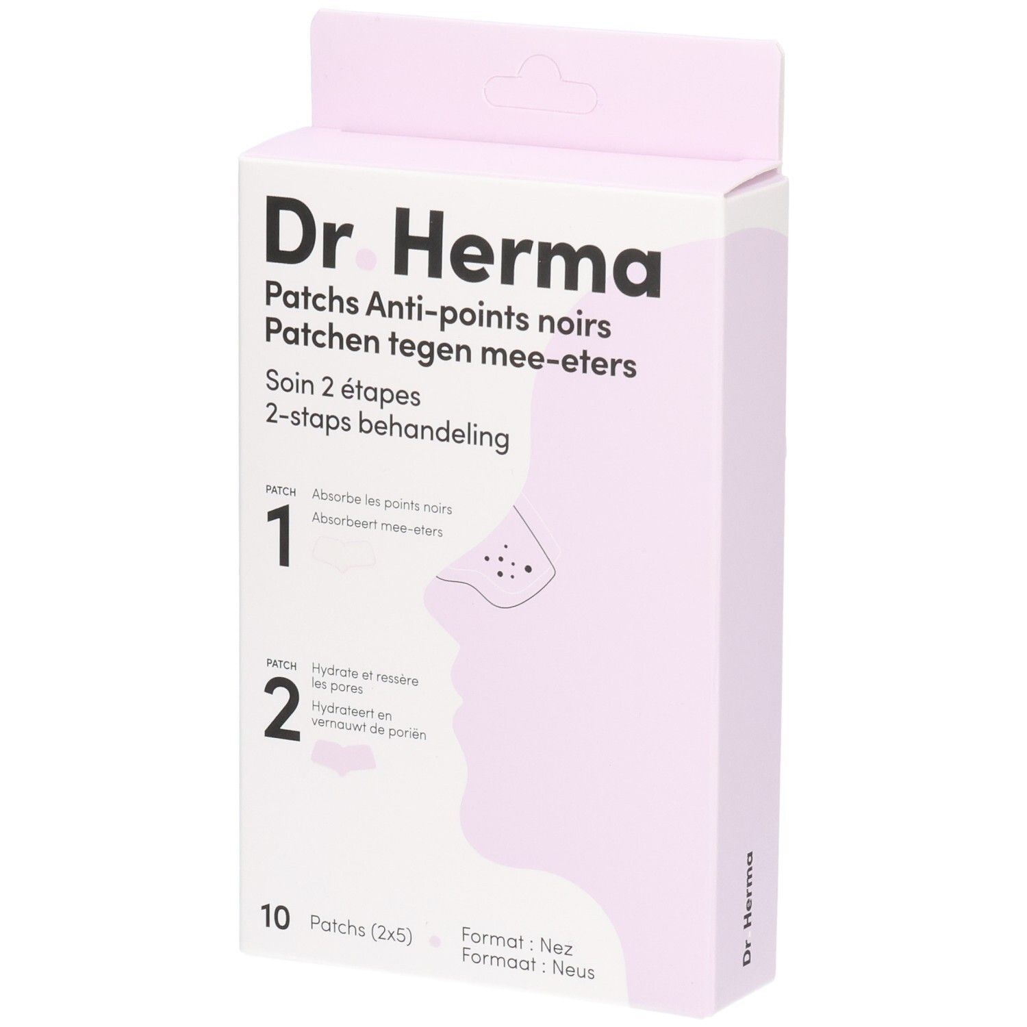Verpakking van Dr. Herma patches. Roze en witte doos met productinformatie en illustraties.