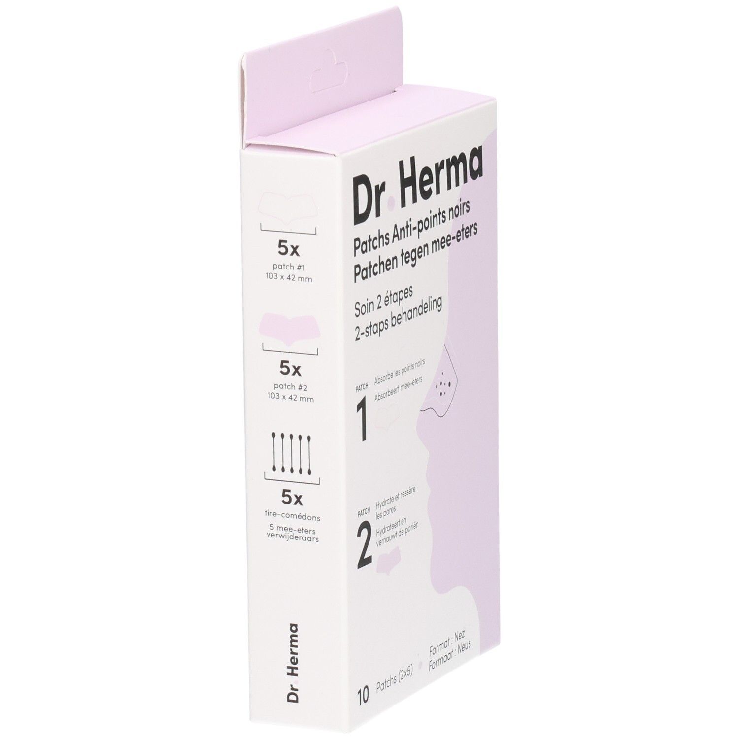 Zijaanzicht van de Dr. Herma patch verpakking. Toont productinformatie en een illustratie.