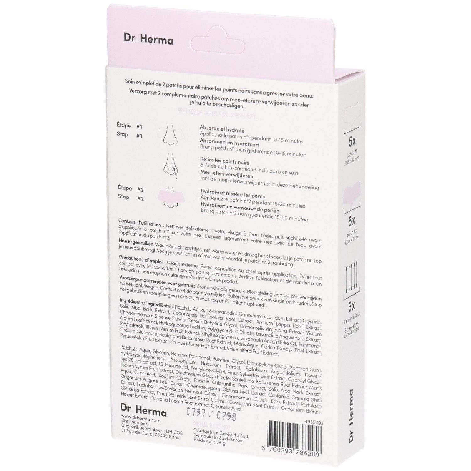 Achterkant van de Dr. Herma patch verpakking. Bevat productinformatie, ingrediënten en instructies.